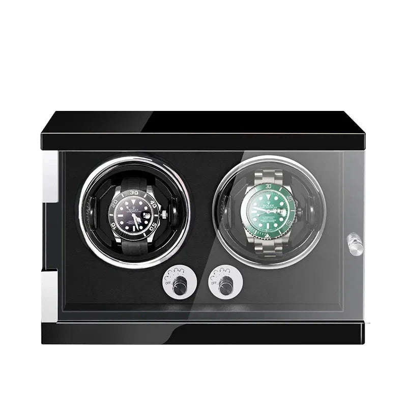 WATCHMATIC Bruno Black Luxury Watch Winder - 9 Slots Vertical Type D;14:3479 epitopes black paint + black PU [open cover self-stop + LED light] - WatchMatic
